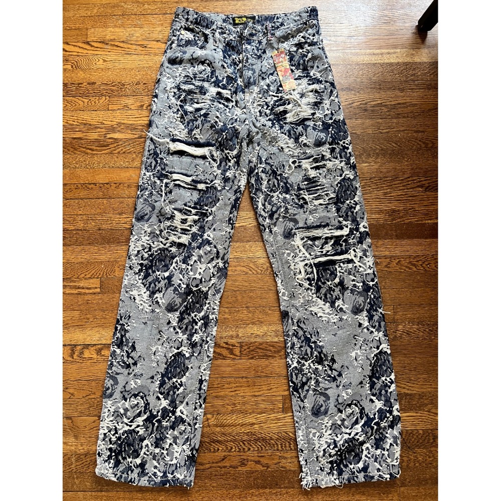 Tap Into The‎ Streets Distressed Tapestry Pants Navy Blue Floral Size 7 NEW